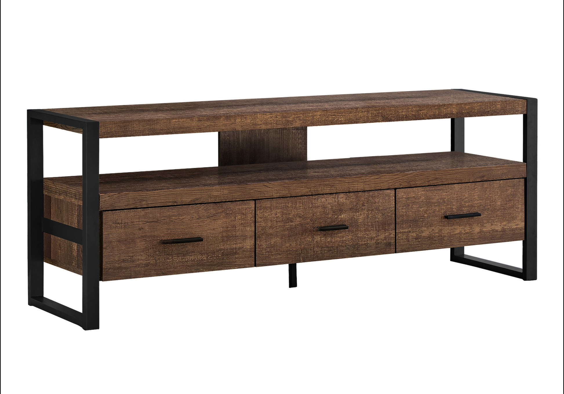 Rustic wood grain media console with black metal frame and three drawers