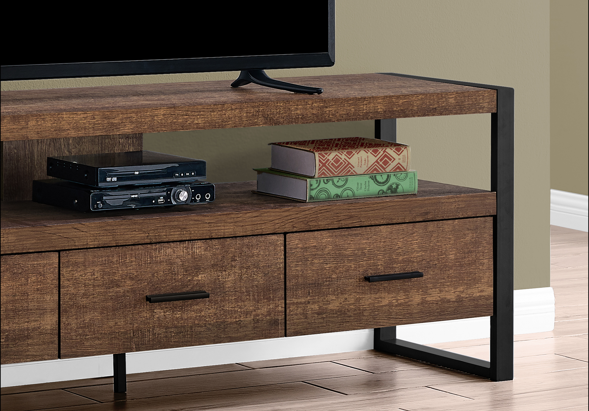 Rustic brown media console with black metal frame and ample storage space