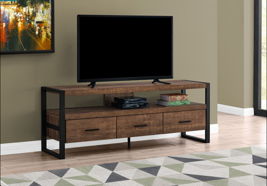 Rustic brown wood TV stand with black metal frame and three drawers