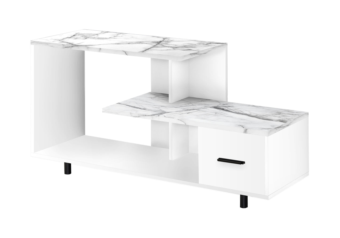 Modern white TV stand with marbleeffect top and one black drawer pull