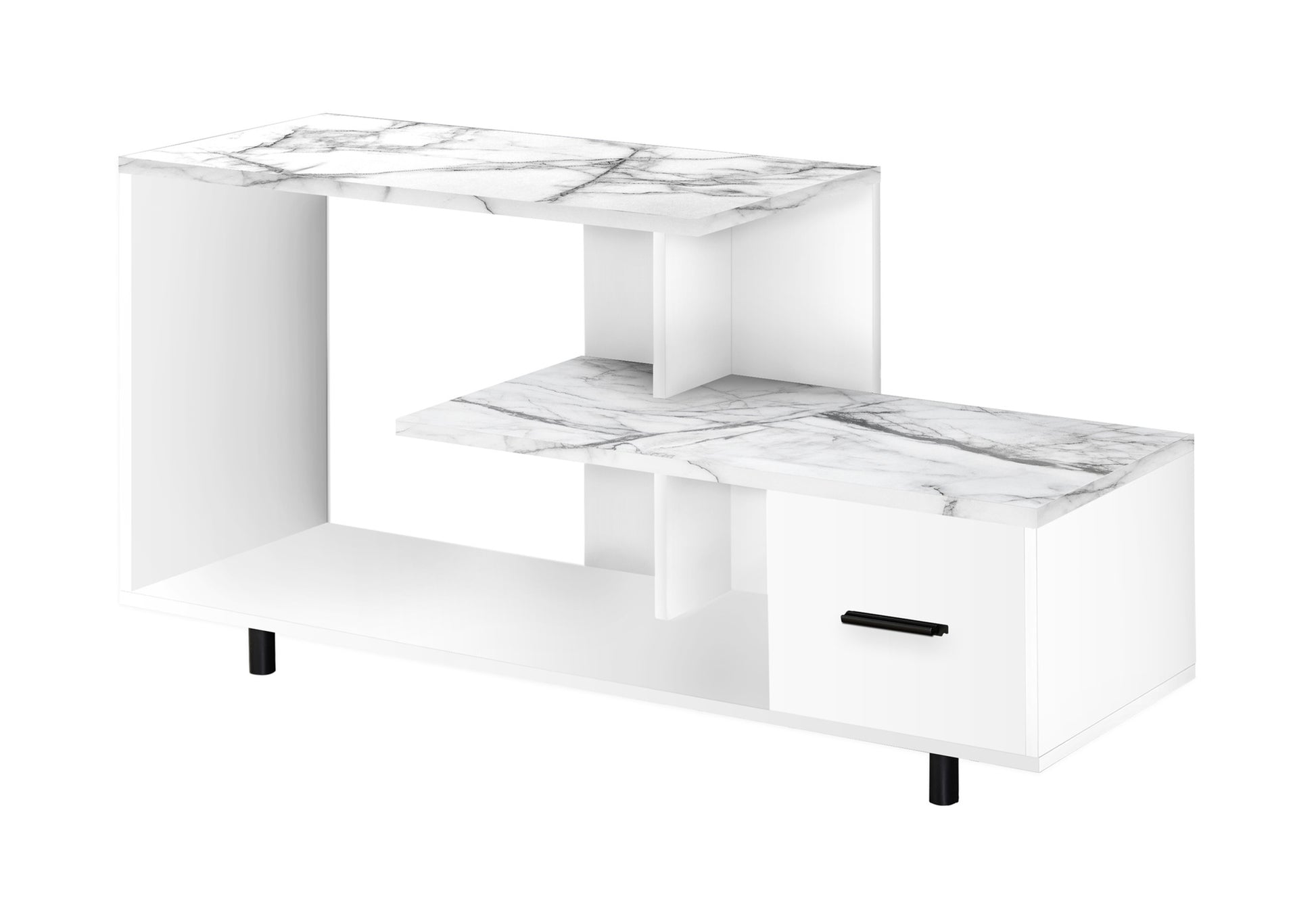 Modern white TV stand with marbleeffect top and one black drawer pull