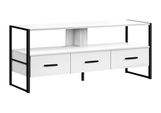 Modern white TV stand with three drawers and black metal frame legs