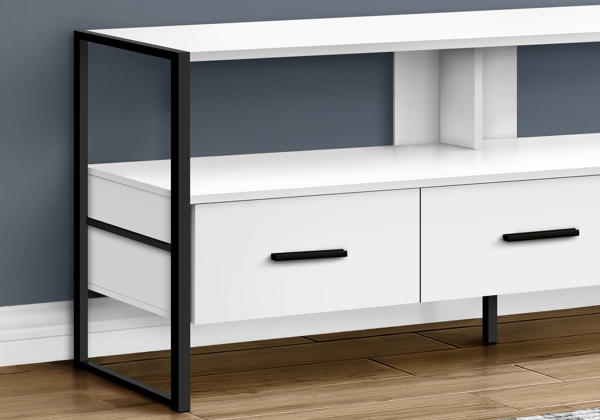White media console with black metal frame and two drawers