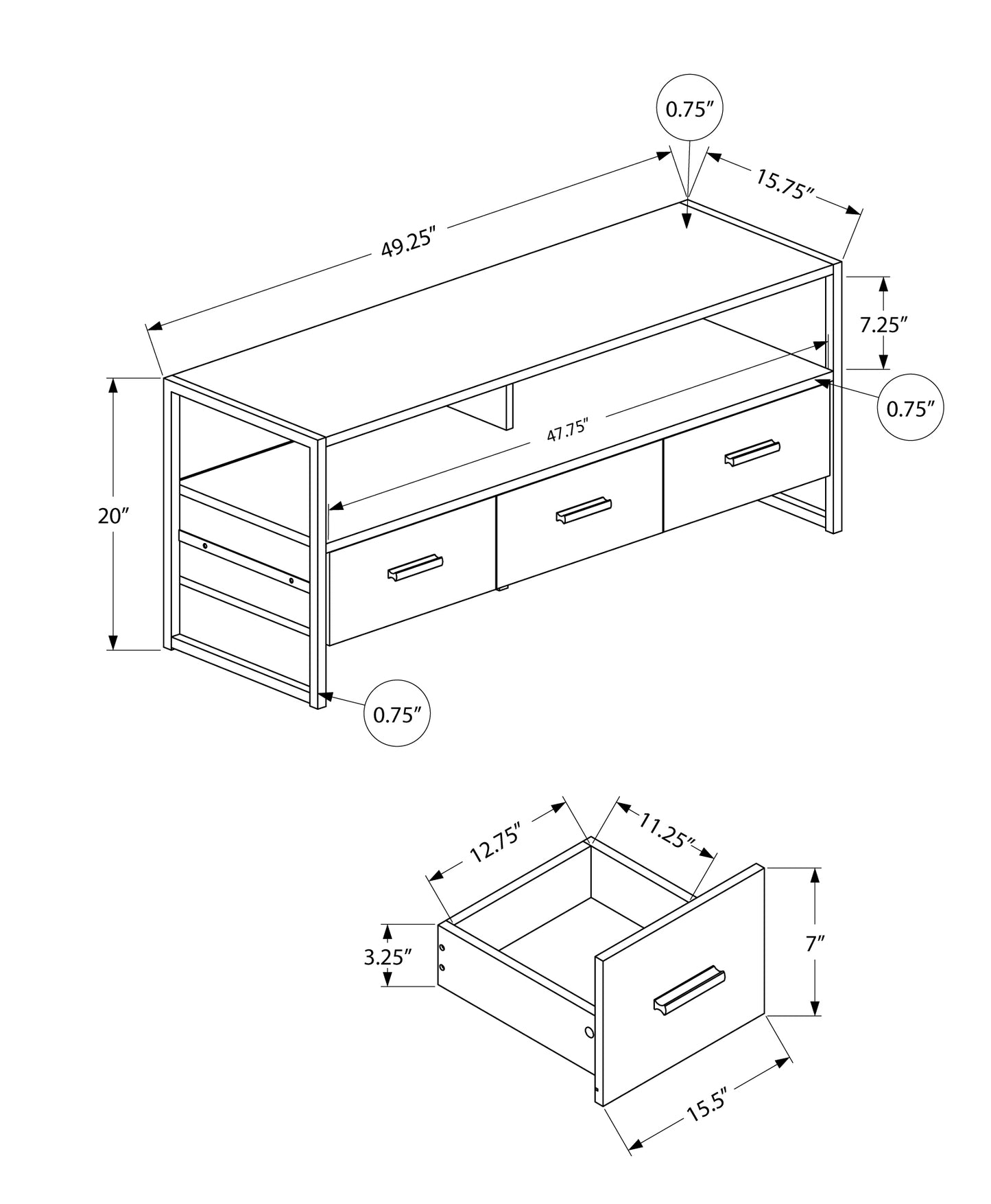 Technical drawing of a modern media console with dimensions labeled