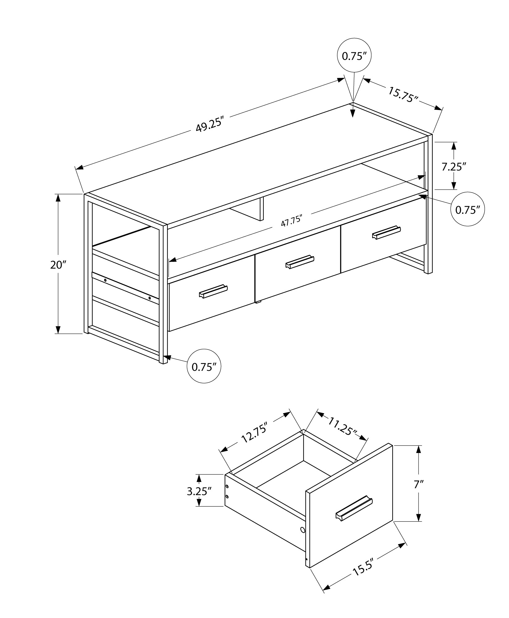 Technical drawing of a modern media console with dimensions labeled