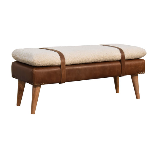 Brown leather bench with cream boucle seat and leather straps