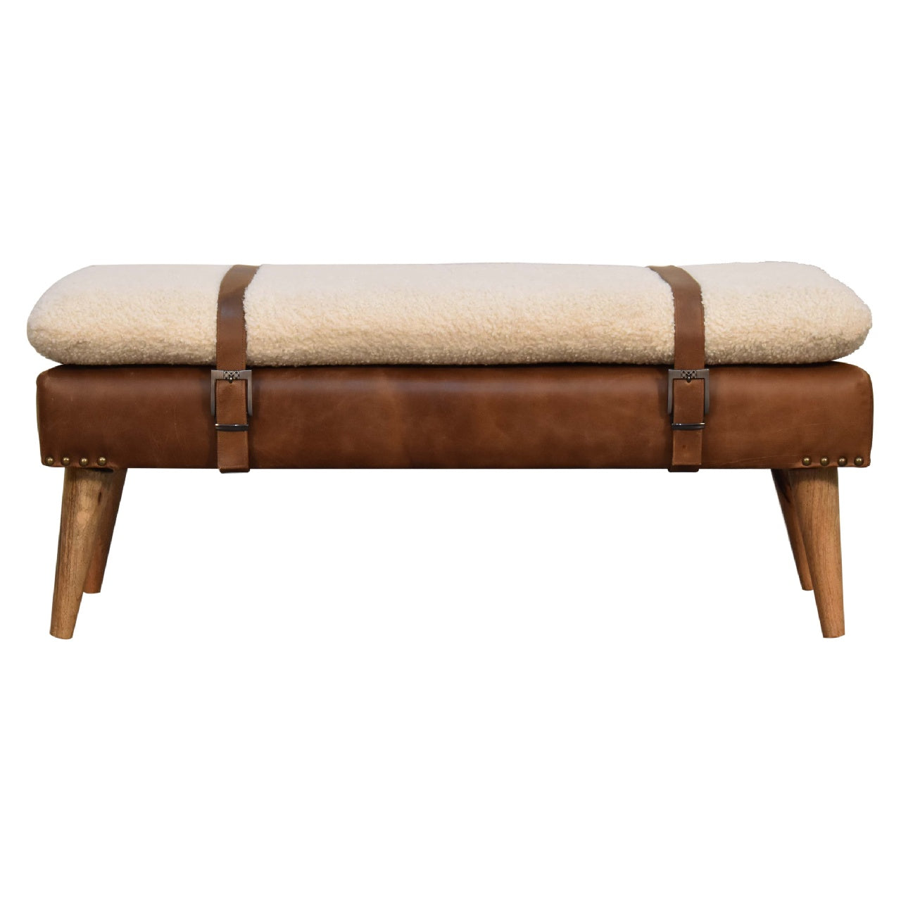 Brown leather bench with cream boucle cushion and leather straps