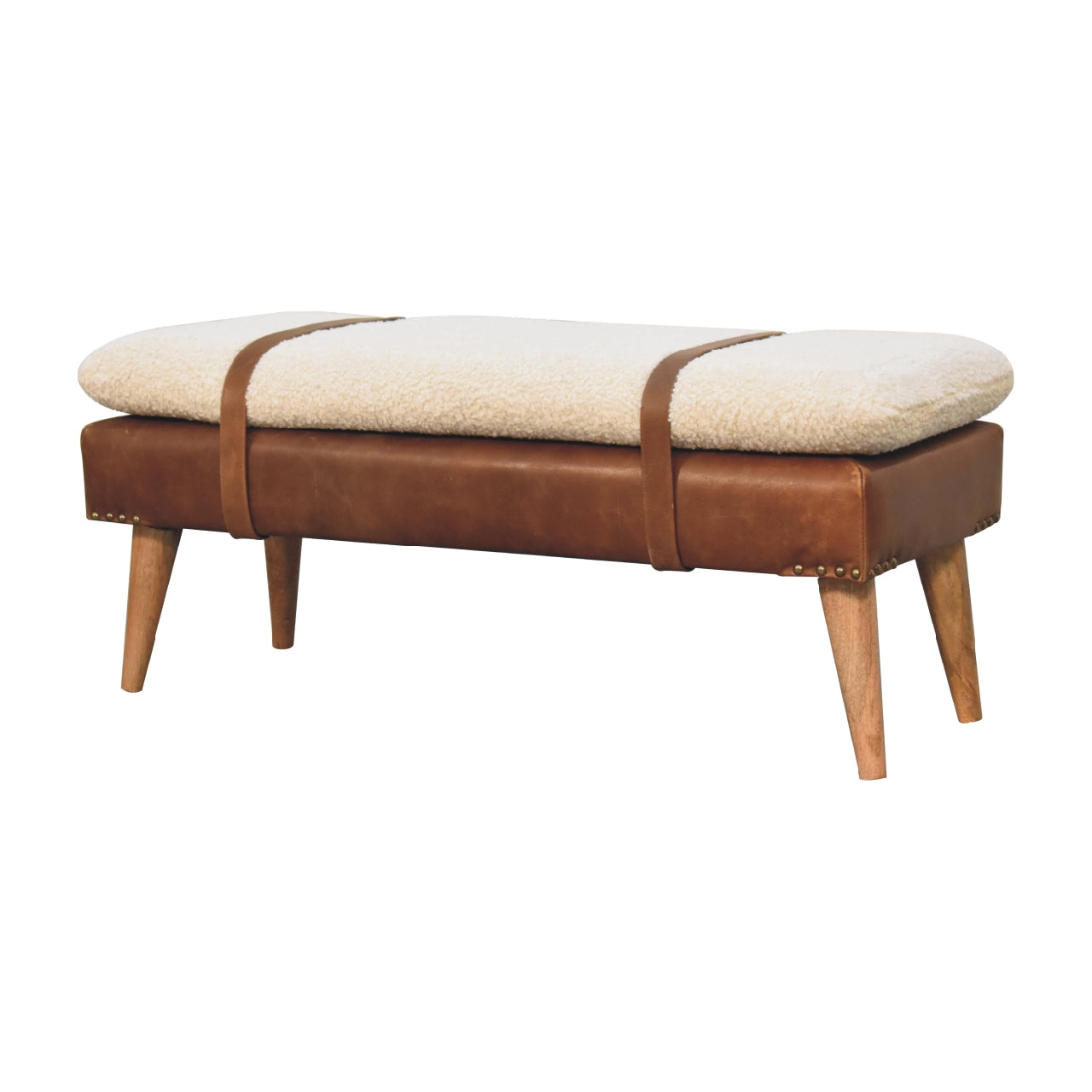Brown leather bench with cream sherpa cushion and tan straps