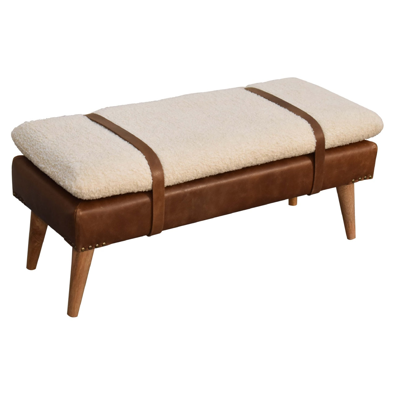 Brown leather bench with cream boucle cushion and leather straps