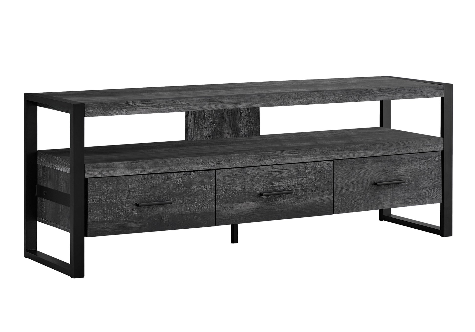 Dark gray wood TV stand with three drawers and black metal frame