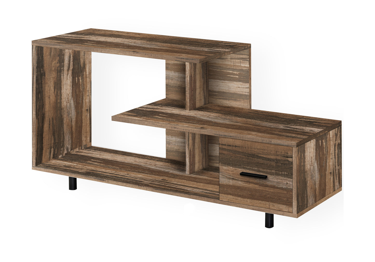 Modern rustic wood entertainment center with open shelves and a single drawer