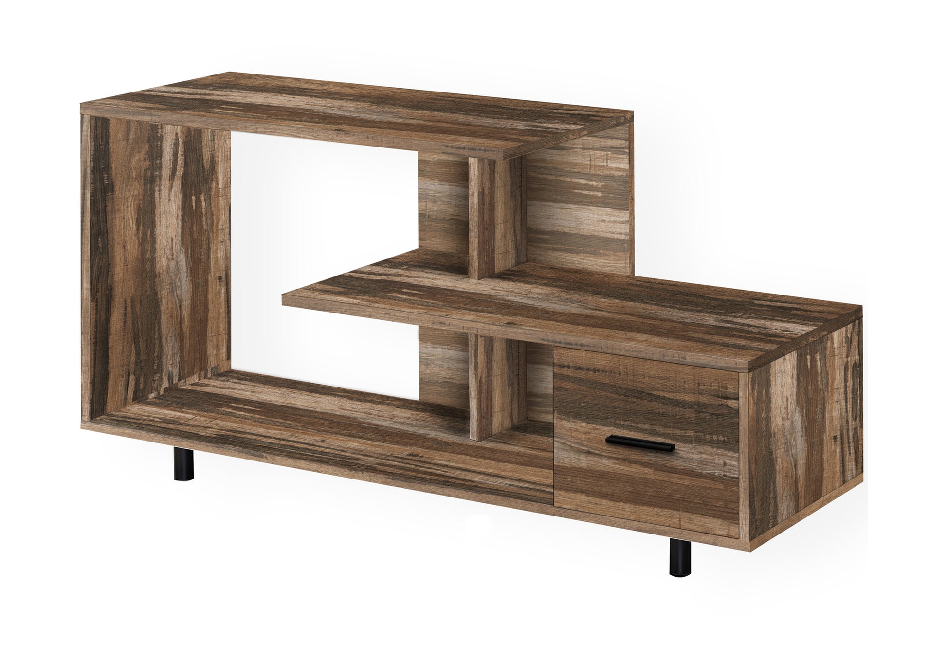 Modern rustic wood entertainment center with open shelves and a single drawer