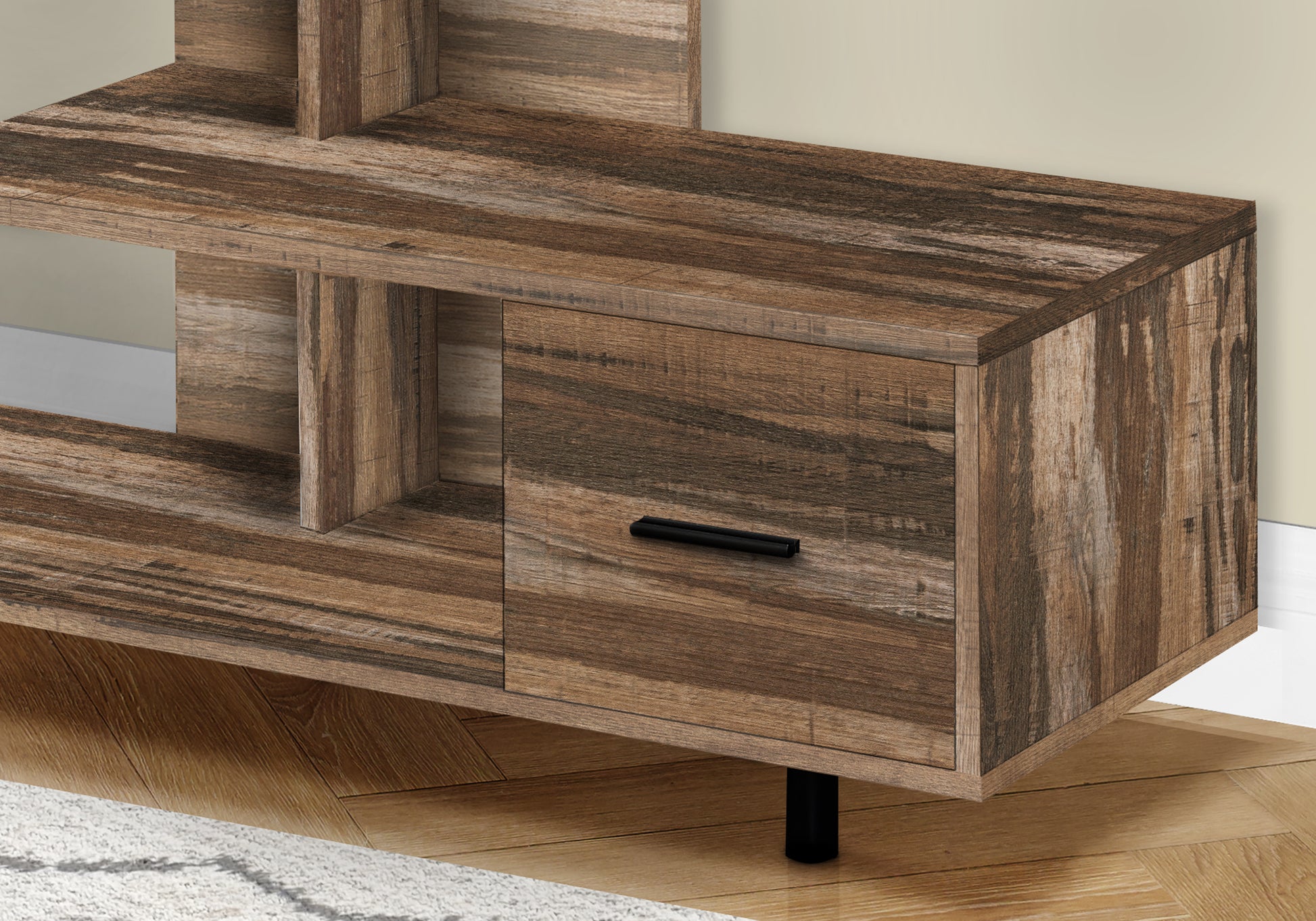Modern rustic wood media console with open shelves and black handle drawer