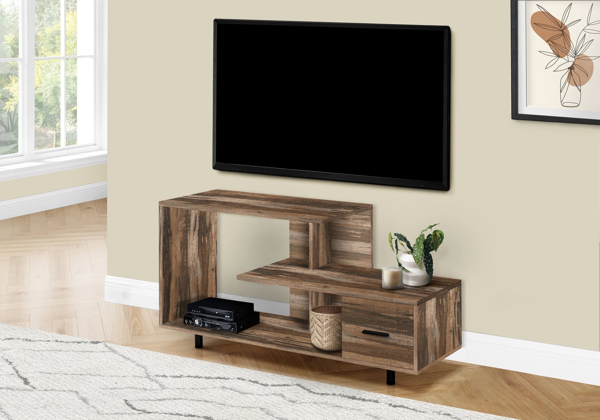 Rustic brown wood TV stand with open shelves and a drawer for media storage