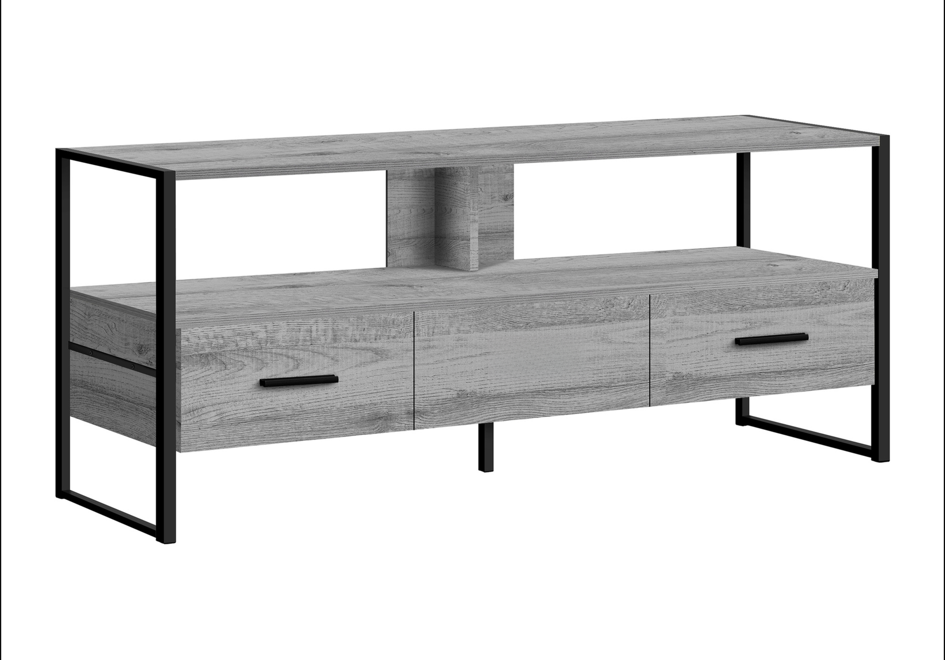 Grey woodlook media console with black metal frame and three drawers