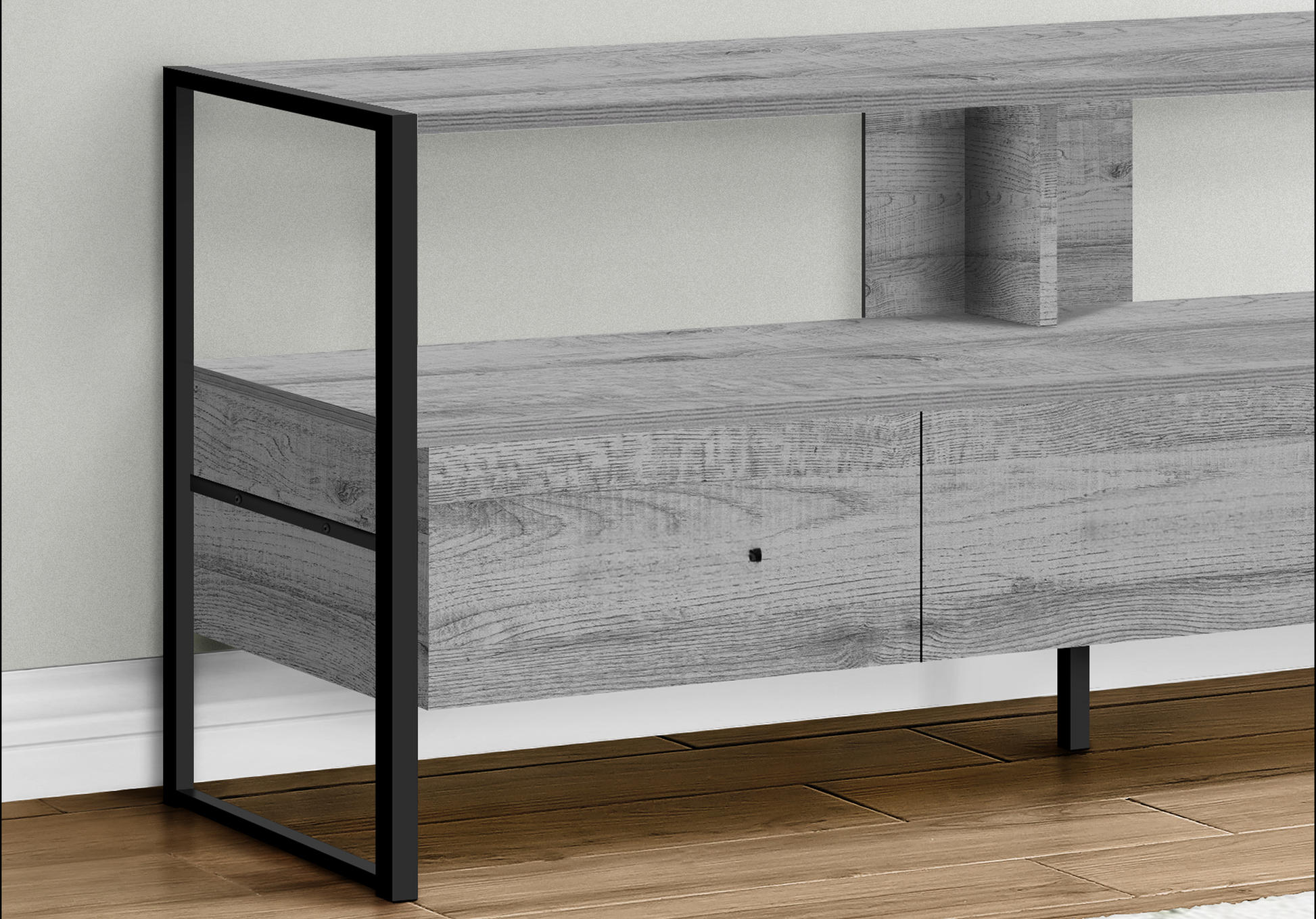 Modern gray wood media console with black metal frame and two drawers for storage