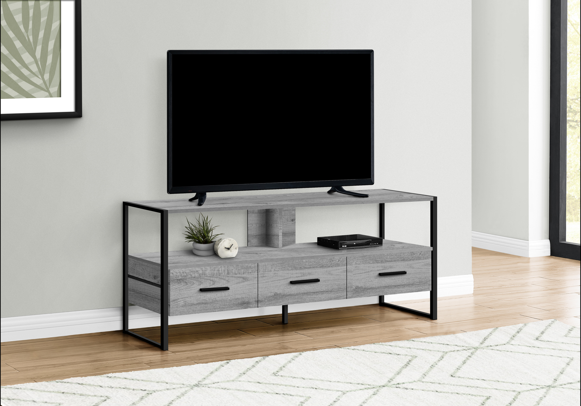 Modern grey wood TV stand with black metal frame and three drawers