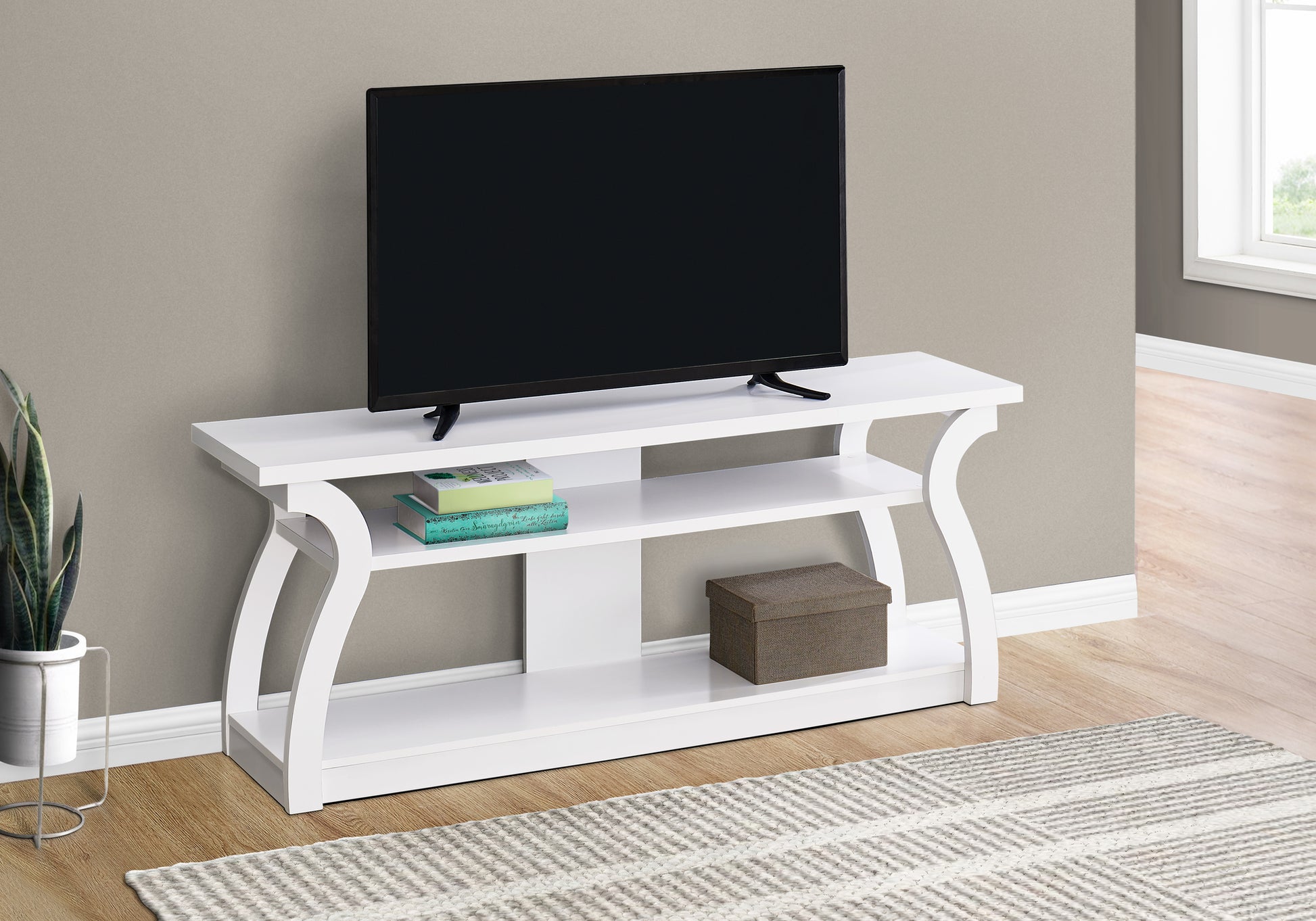 Modern white media console with two shelves perfect for living room entertainment setups