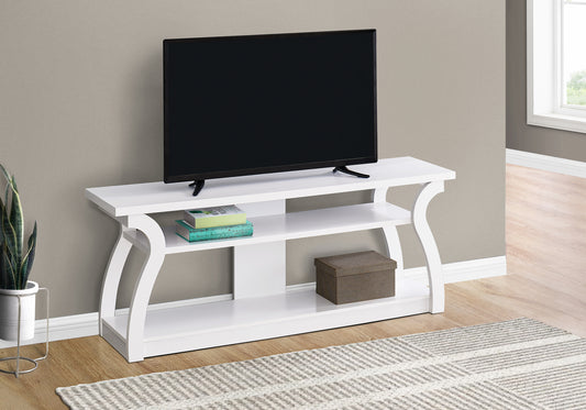 Modern white media console with two shelves perfect for living room entertainment setups