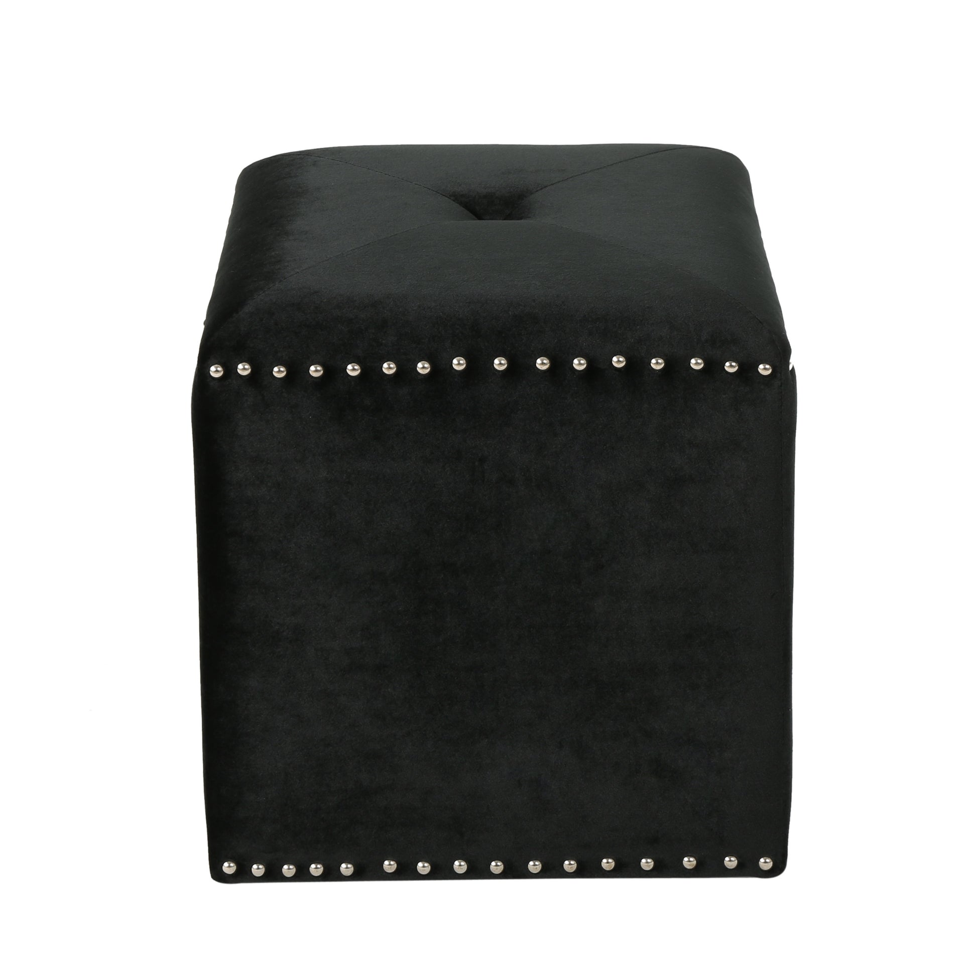Black velvet tufted ottoman with silver nailhead trim