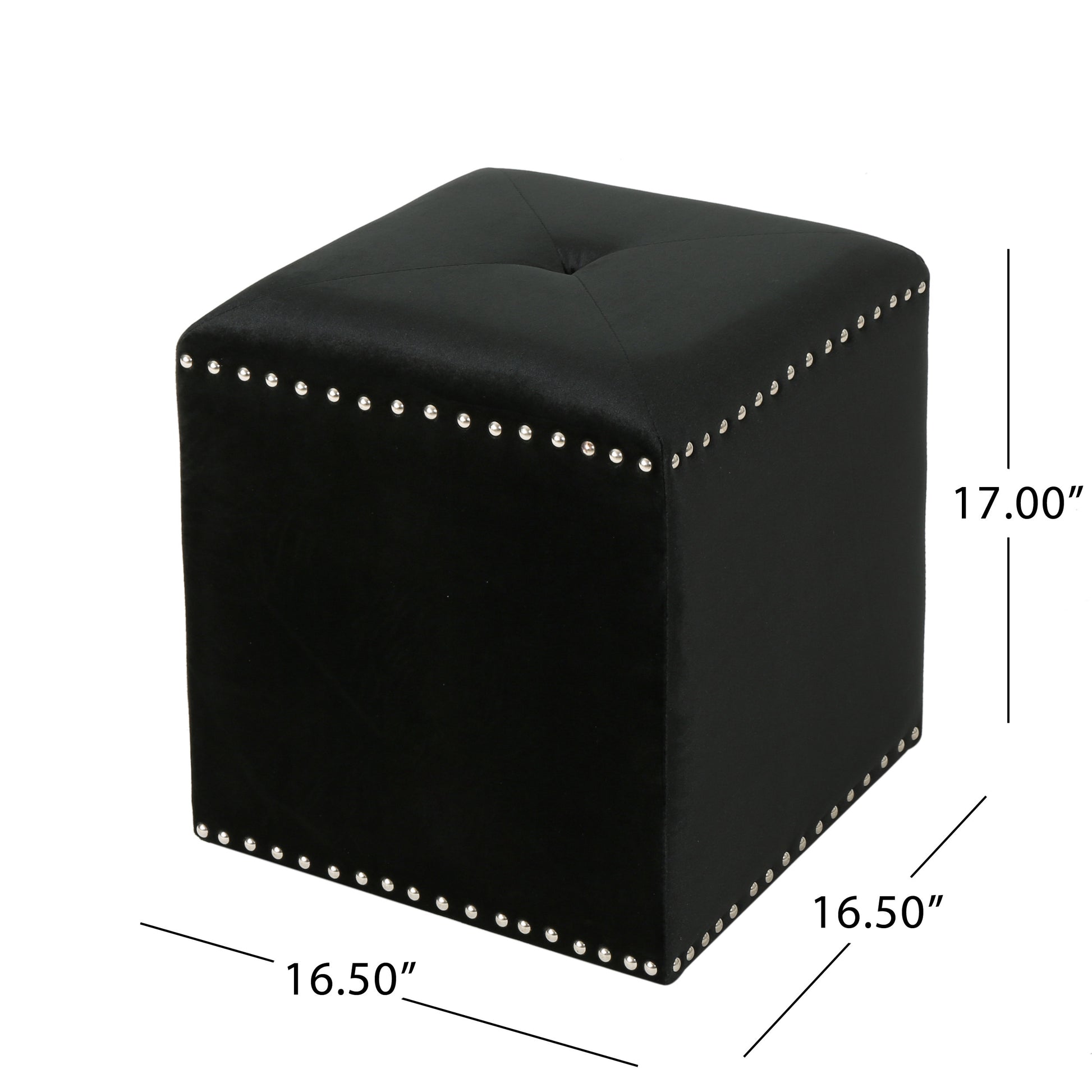 Black velvet ottoman with silver nailhead trim and tufted top
