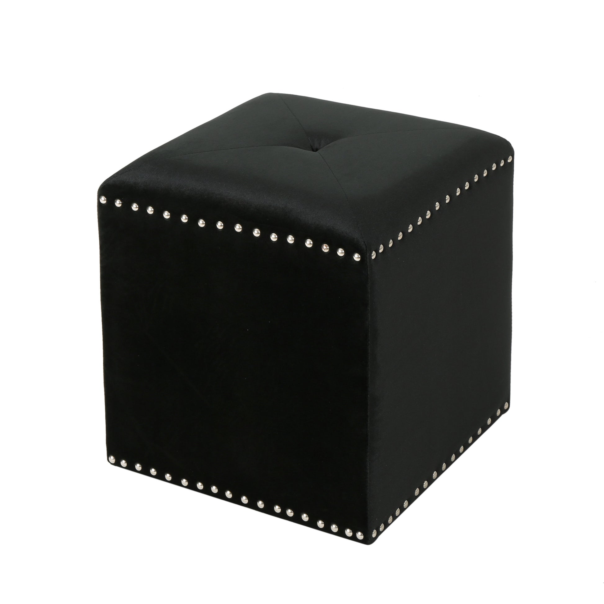 Black velvet ottoman with silver nailhead trim
