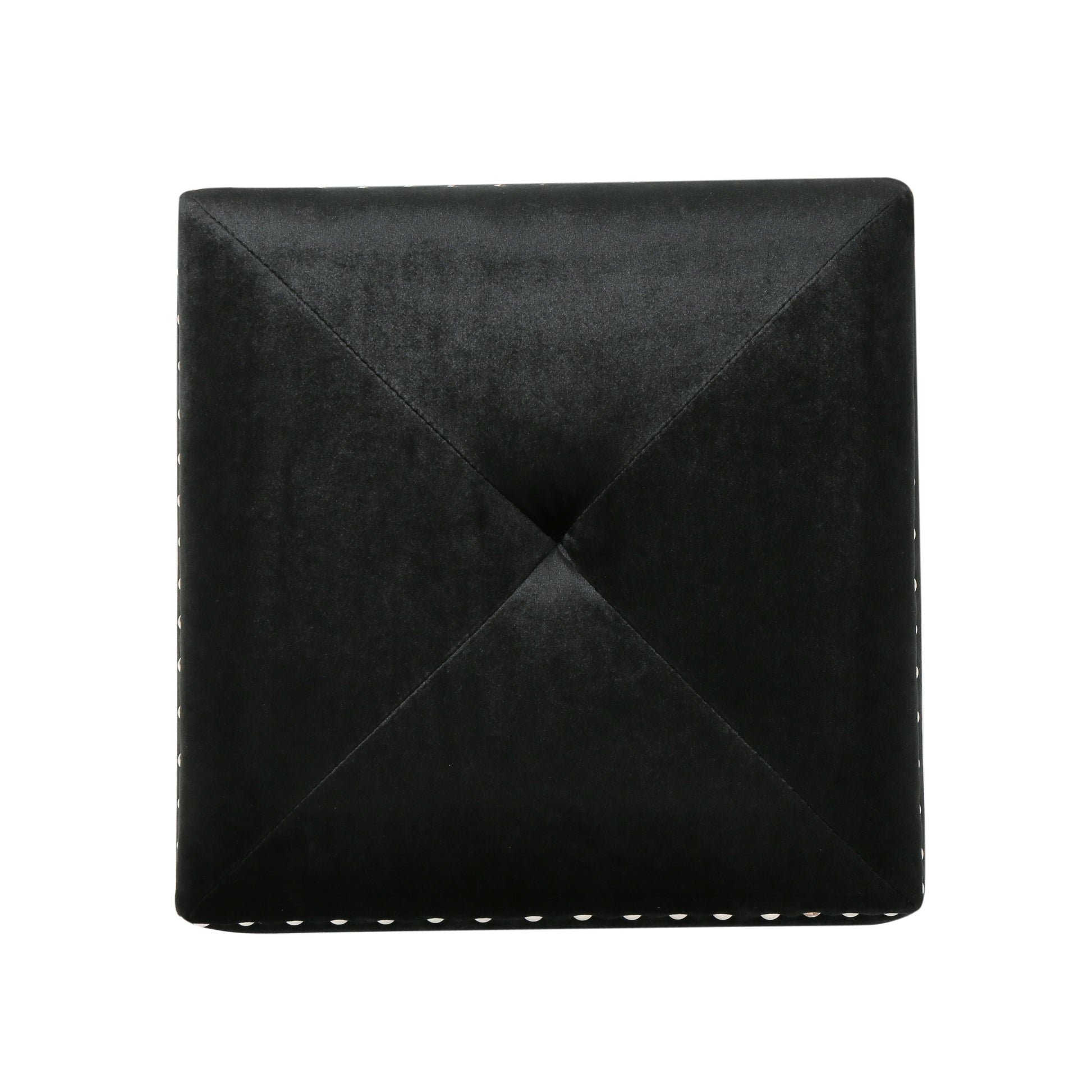 Black velvet ottoman with diamond tufting and silver nailhead trim