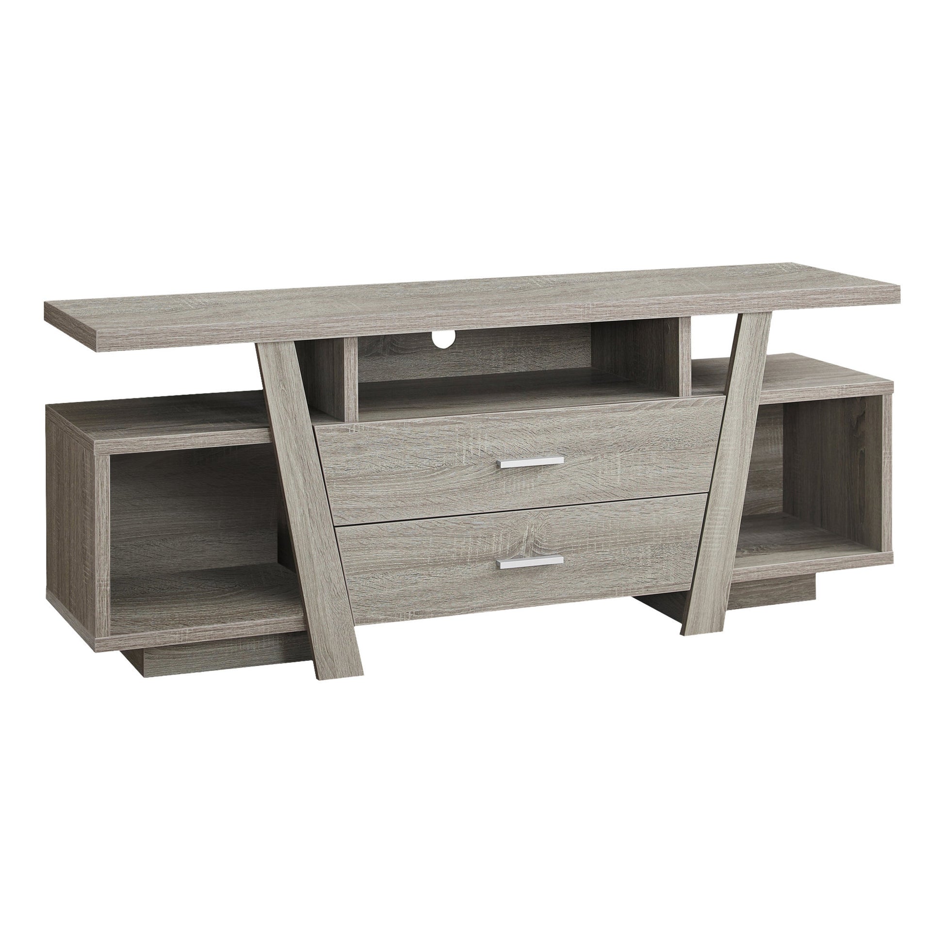 Modern grey wood TV stand with two drawers and open shelving