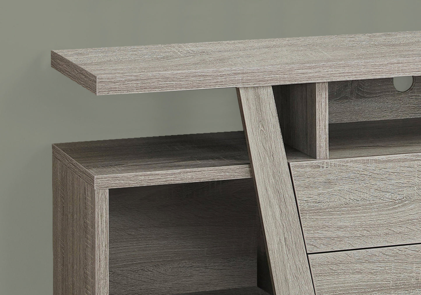 Modern grey wood media console with angled legs and open shelving