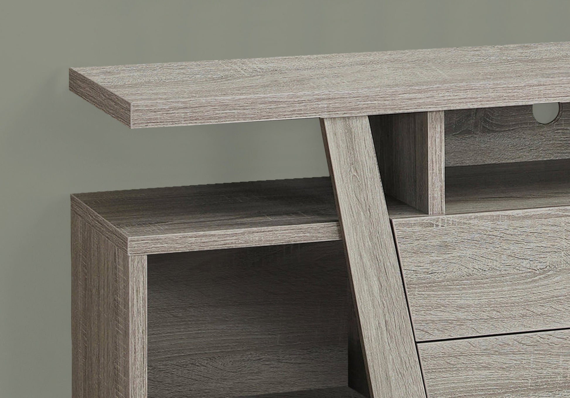 Modern grey wood media console with angled legs and open shelving