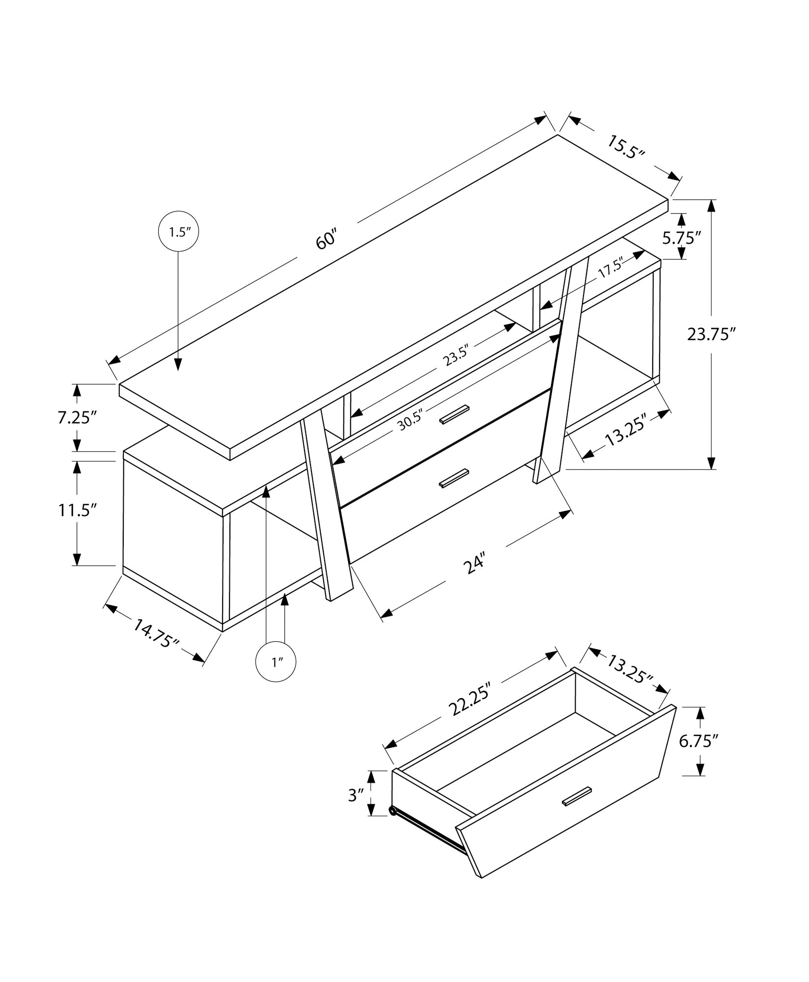 Blueprint of a inch wide modern media console with three drawers and open shelves