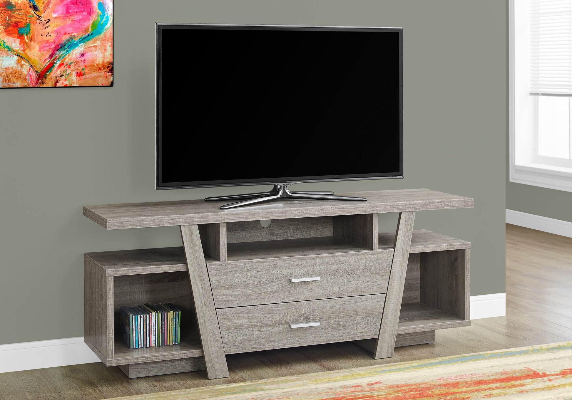 Grey modern TV stand with two drawers and open shelving