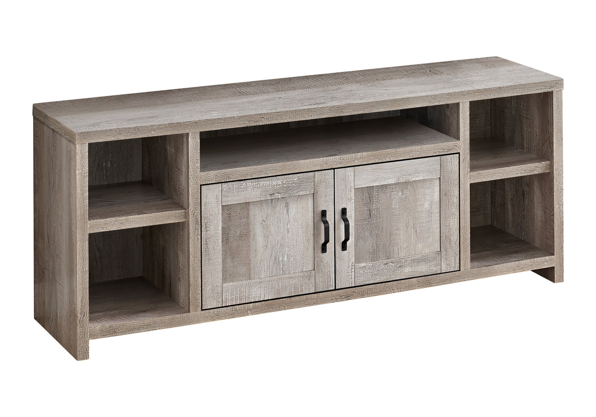 Rustic gray wash wood TV stand with two doors and open shelving