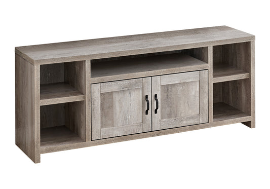 Rustic gray wash wood TV stand with two doors and open shelving