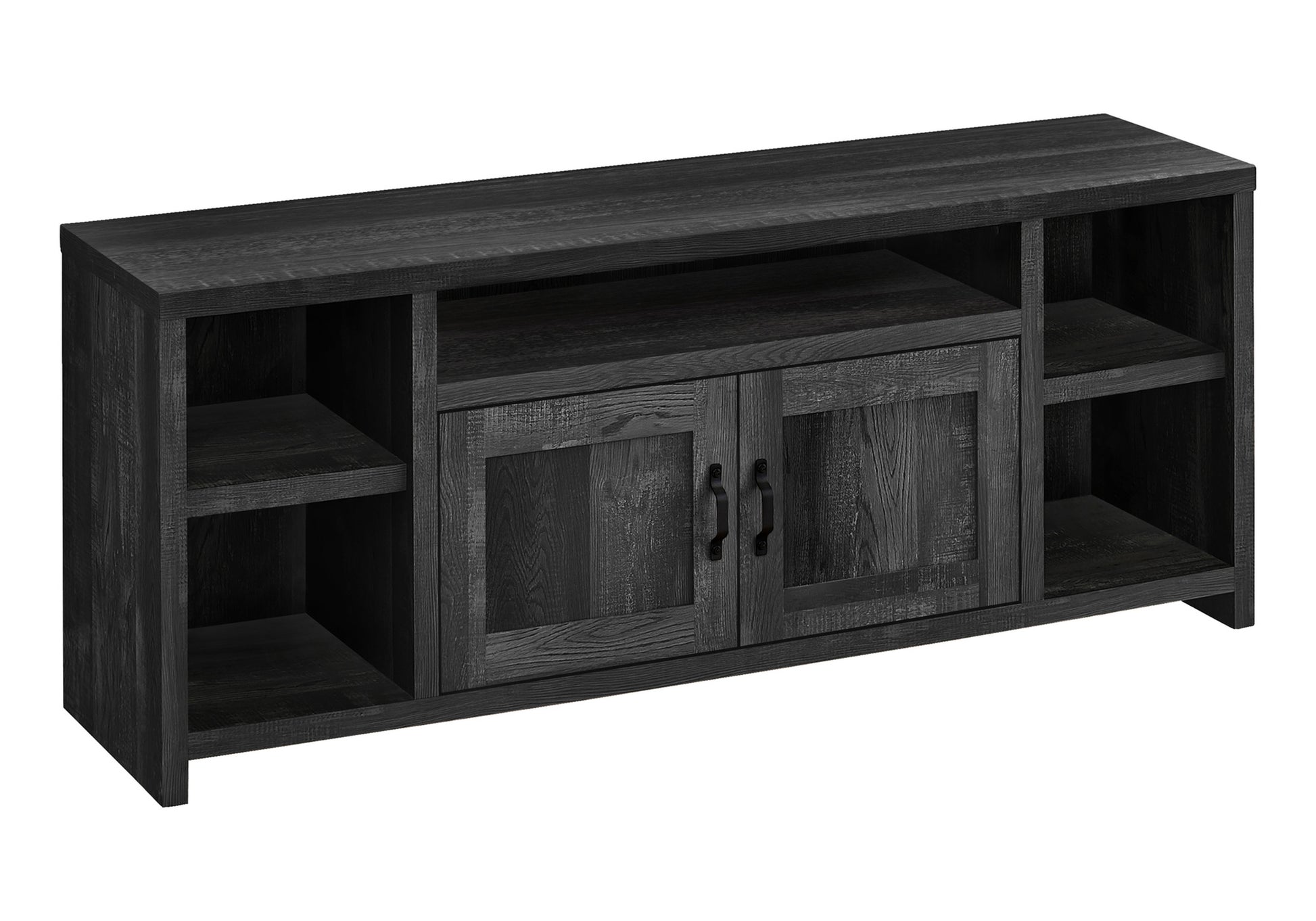 Distressed black wood TV stand with two barnstyle doors and open shelving for media consoles