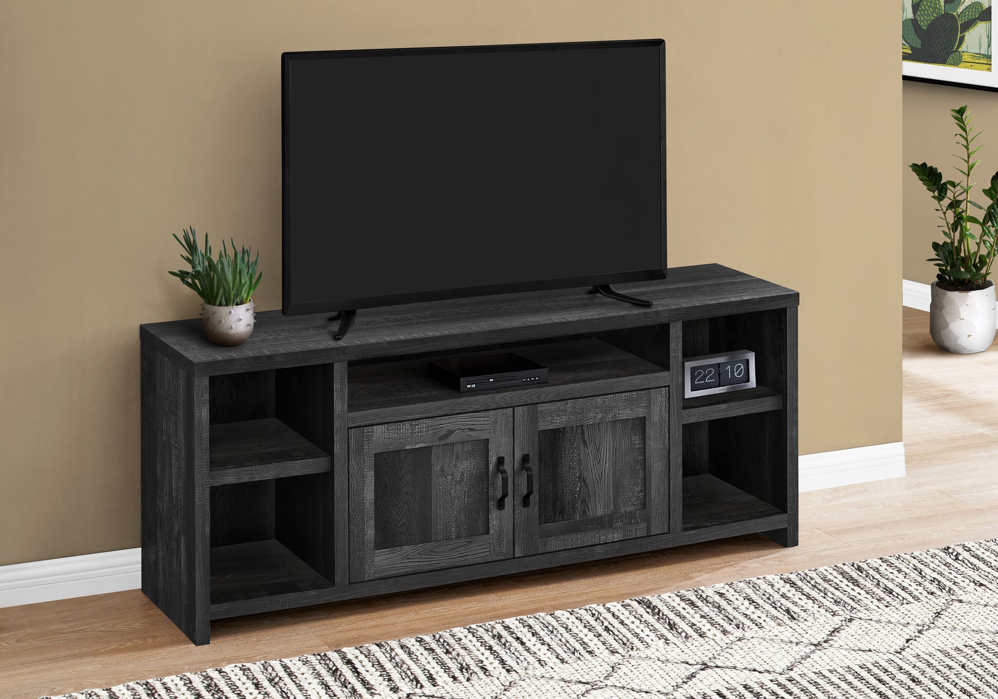 Dark grey rustic wood tv stand with open shelving and two cabinet doors