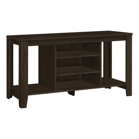 Dark oak console table with open shelving and modern design
