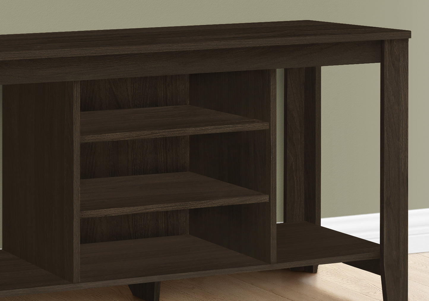 Dark brown wood console table with open shelving and clean lines