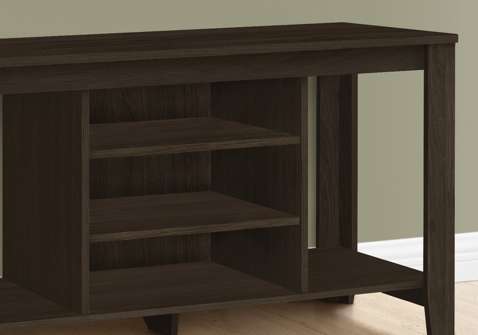 Dark brown wood console table with open shelving and clean lines