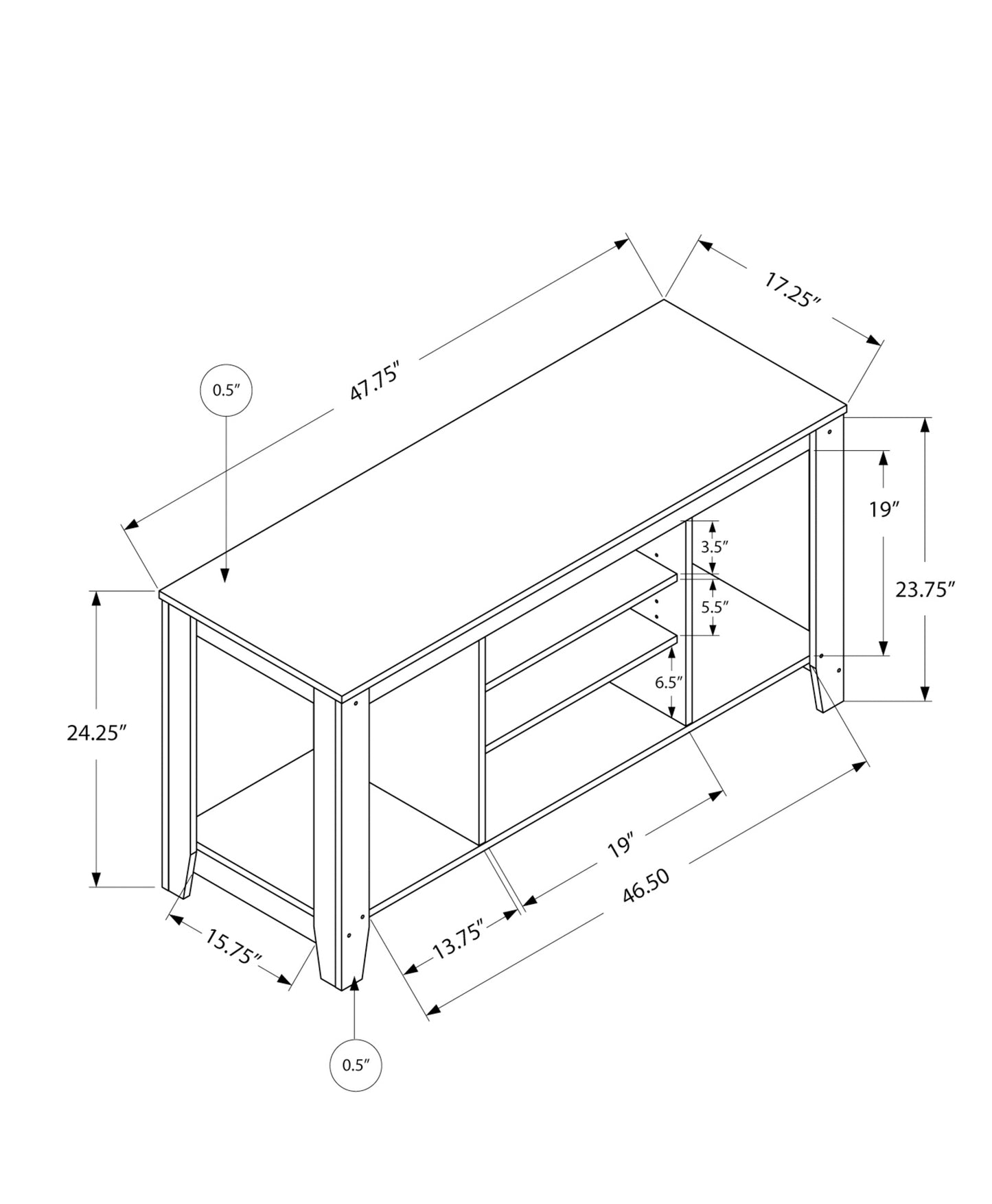 Diagram of a white rectangular media console with dimensions displayed