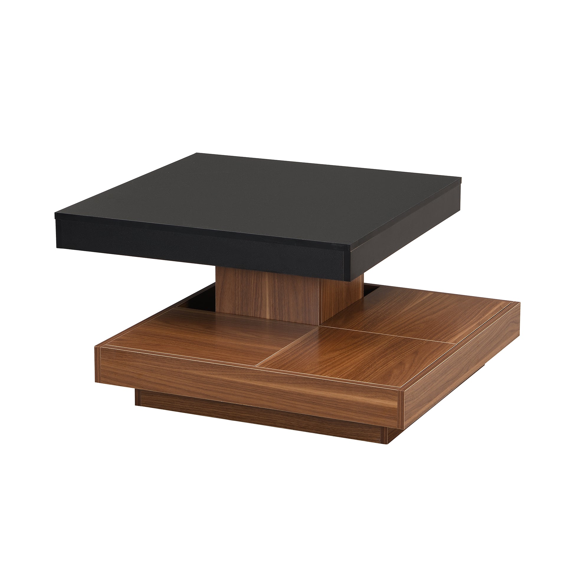 Modern black top coffee table with wood base and storage compartments
