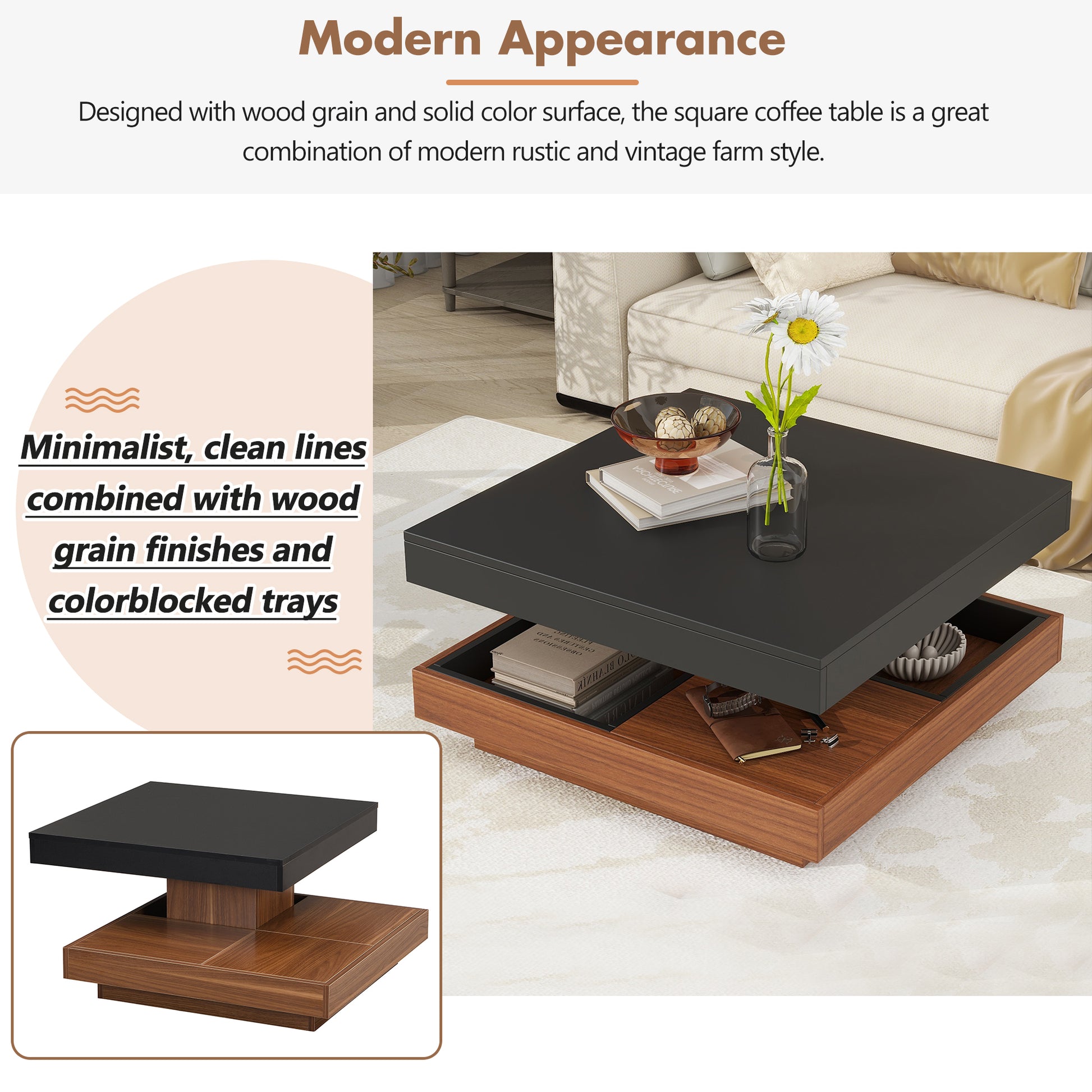 Square coffee table with a black top and wood grain base for modern living rooms