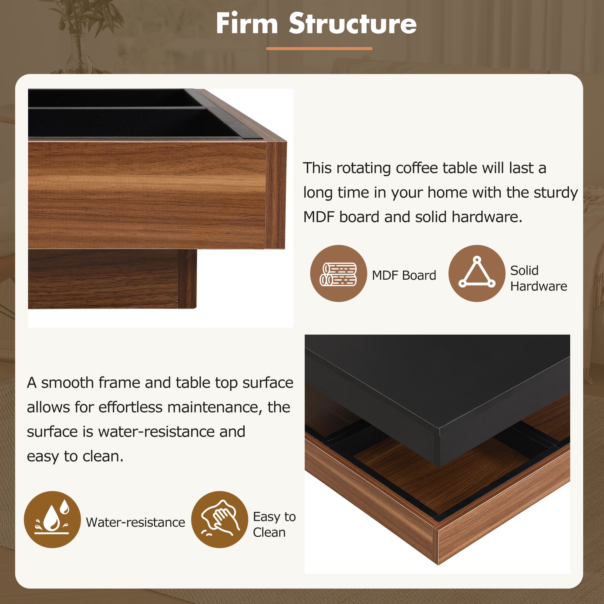 Rotating coffee table with dark wood finish and black inlay featuring MDF board construction