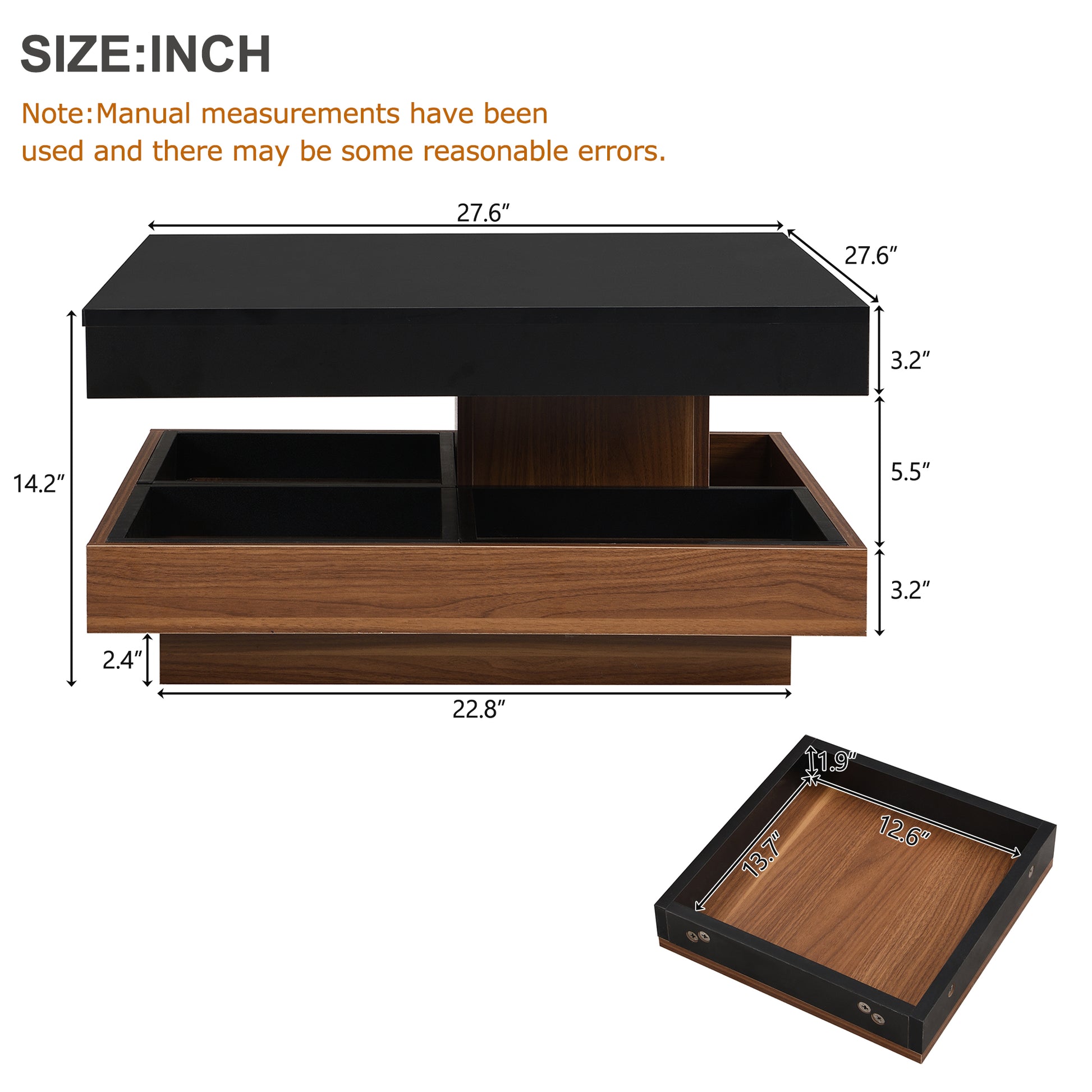 Black and walnut lift top coffee table with internal storage compartments shown