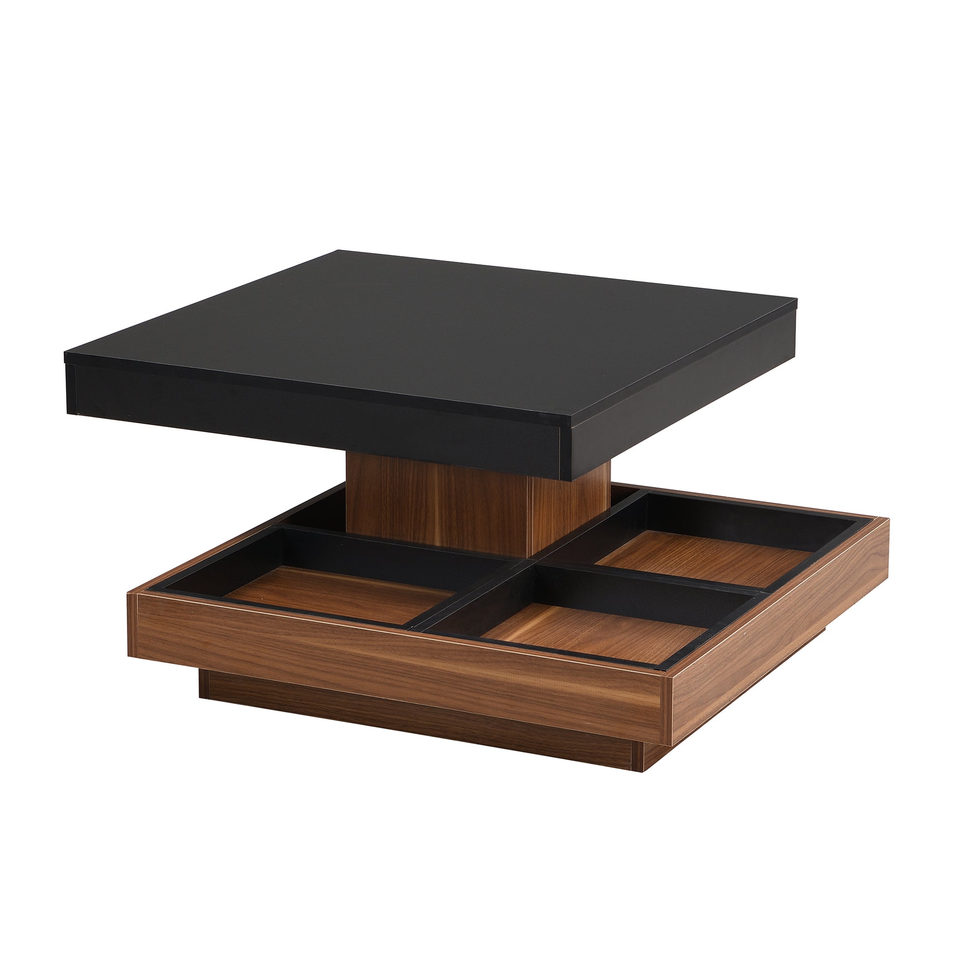 Black and walnut modern coffee table with integrated storage compartments