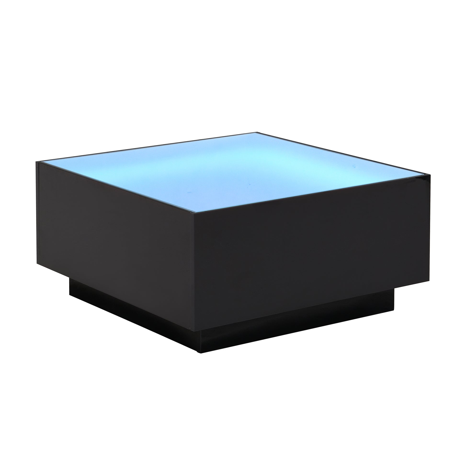 Modern black coffee table with illuminated blue glass top