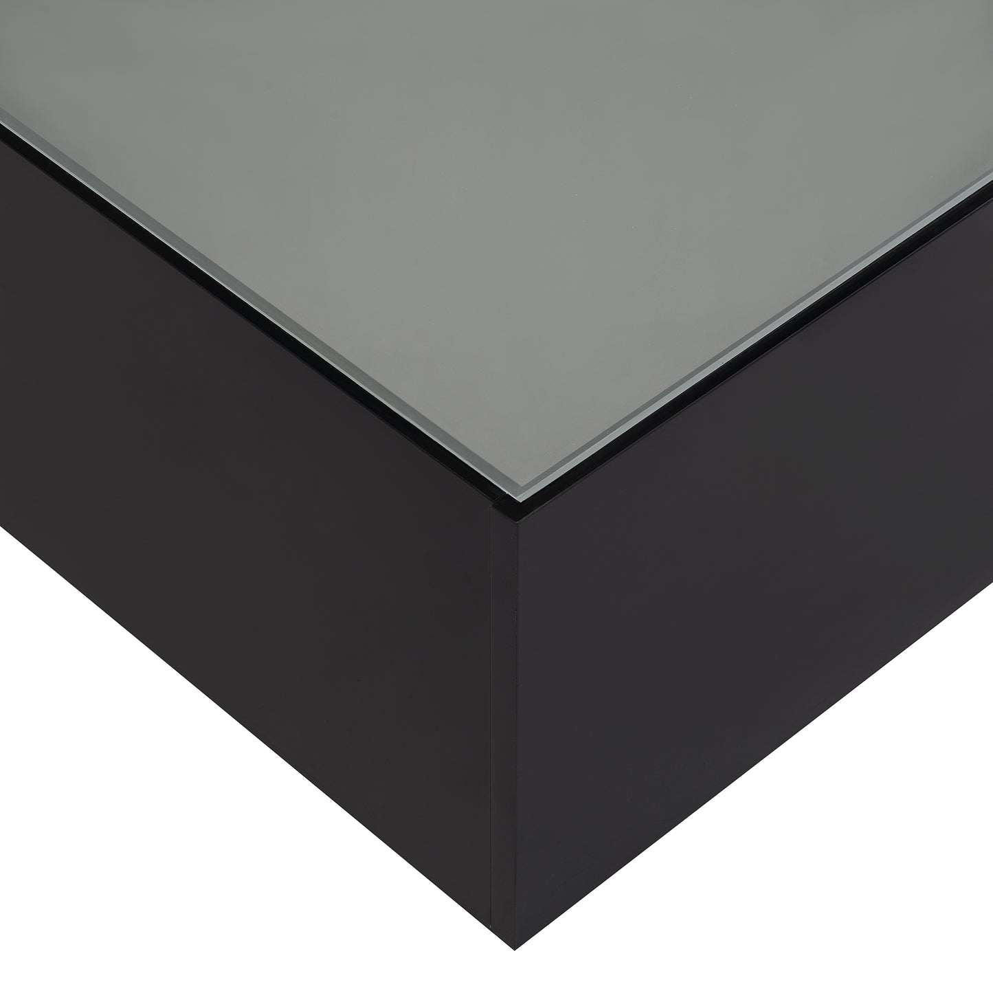 Sleek black lacquered nightstand with a grey mirrored top surface