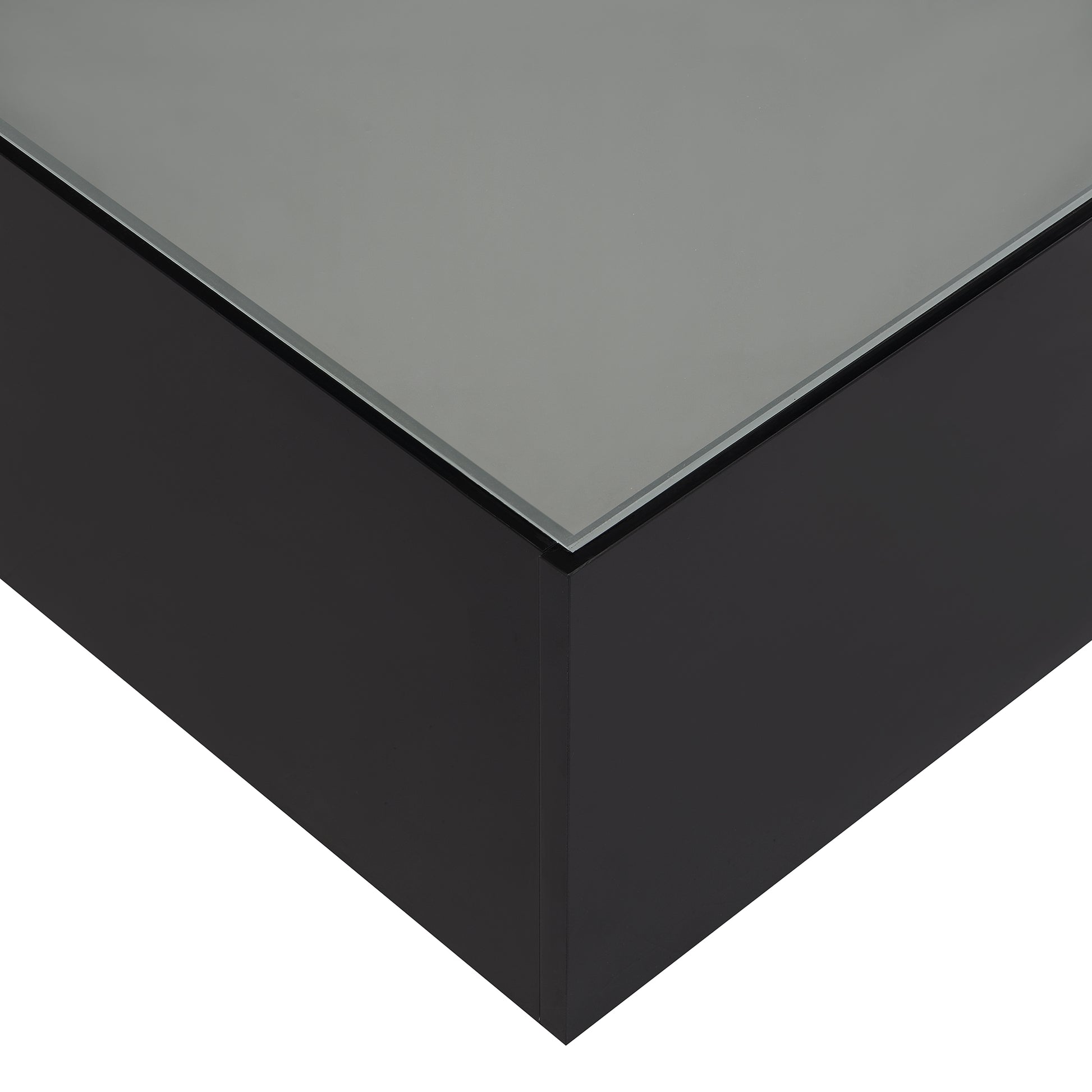 Sleek black lacquered nightstand with a grey mirrored top surface