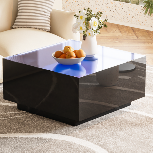 Sleek black highgloss coffee table with integrated blue LED lighting perfect for modern living rooms