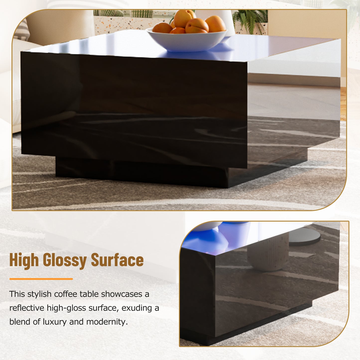 Modern black lacquered coffee table with marbled base elegant living room furniture
